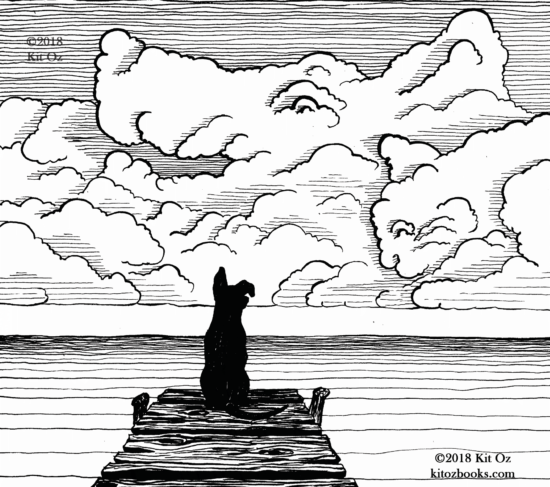 drawing of dog on pier, watching cloud shapes