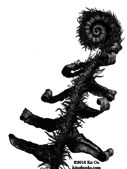 ink and claybord drawing of unfurling fern