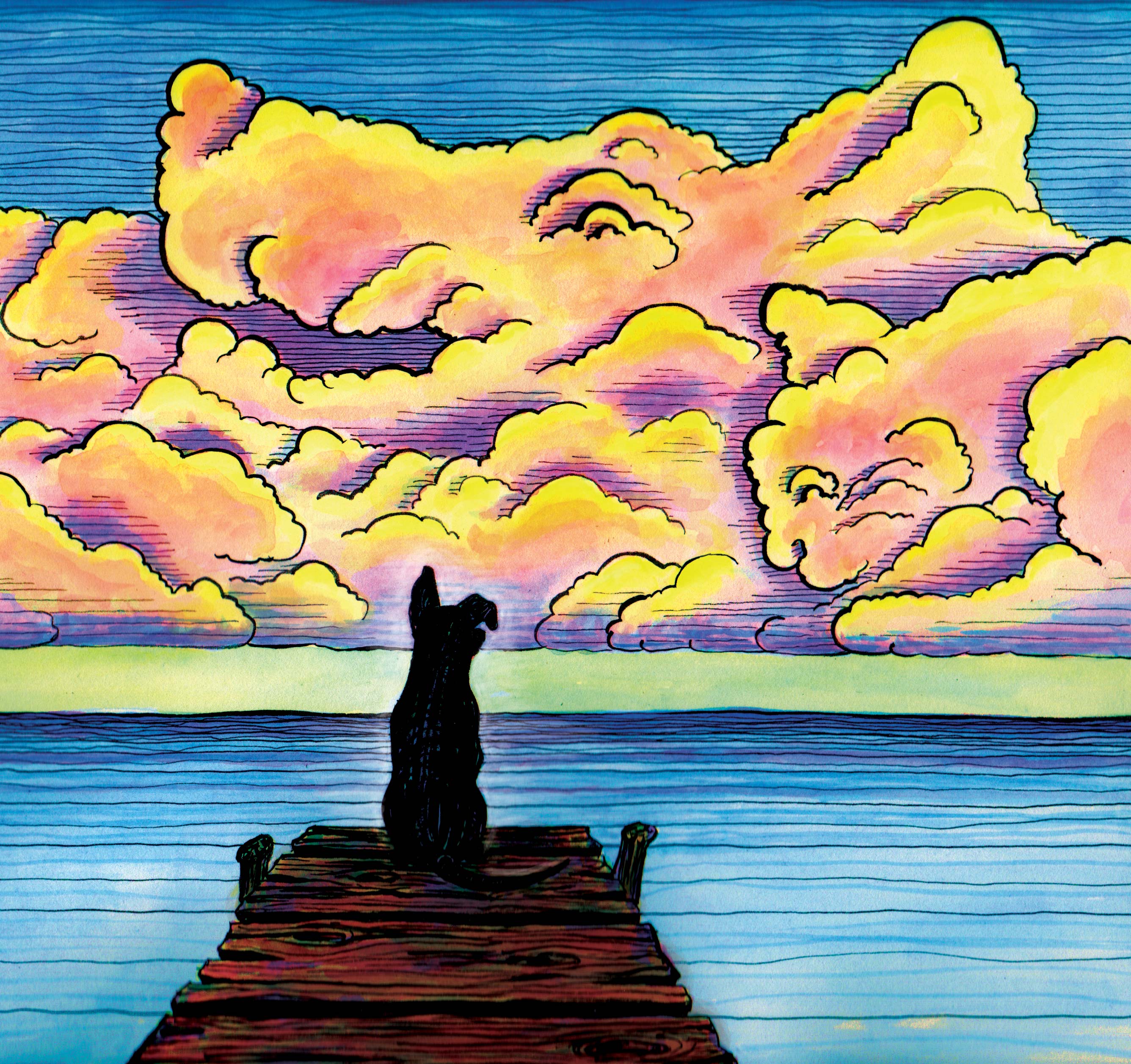 colorful image of dog on pier, watching the clouds