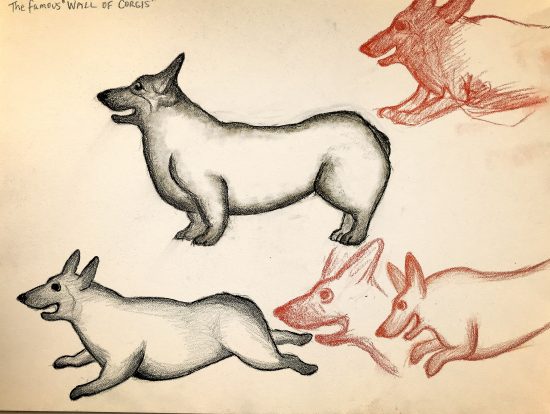 Corgi dogs drawn in black or orange, on cream colored paper. They are meant to evoke a cave art style.