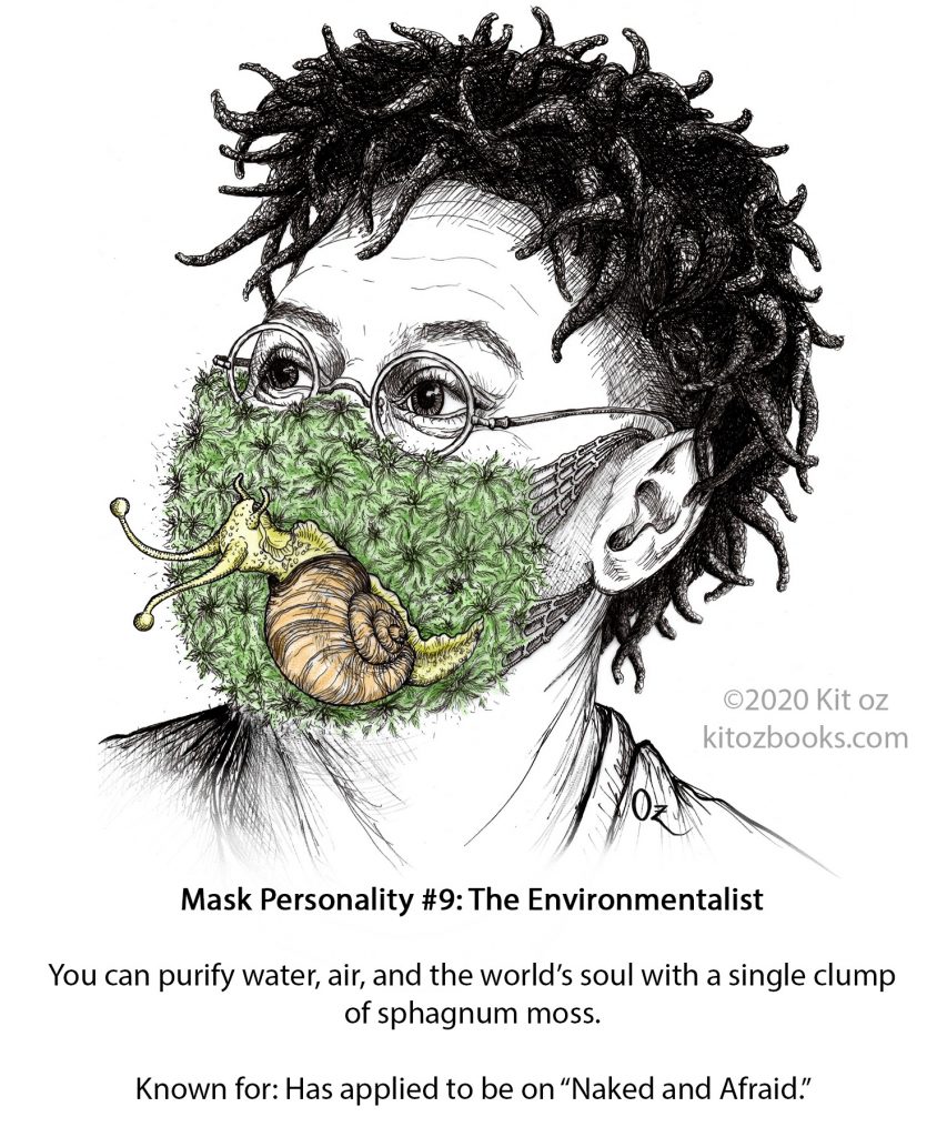 man with dreadlocks wearing a moss mask with a snail