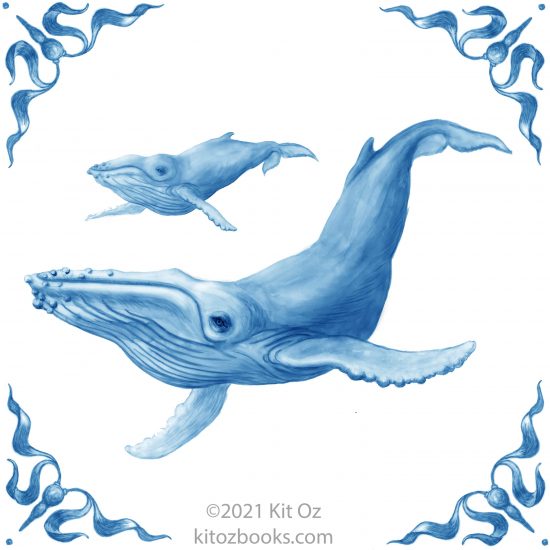 humpback whales mother calf Delft dutch blue tile