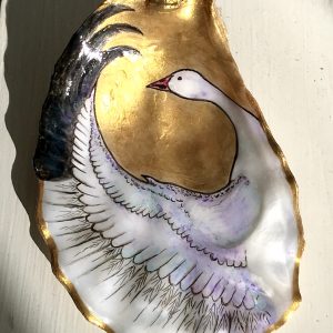 snow goose gold painting on oyster shell