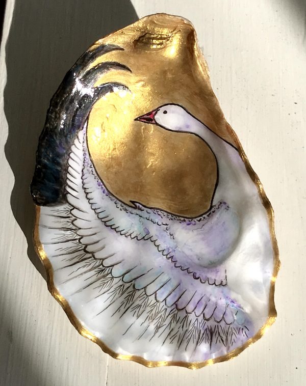 snow goose gold painting on oyster shell