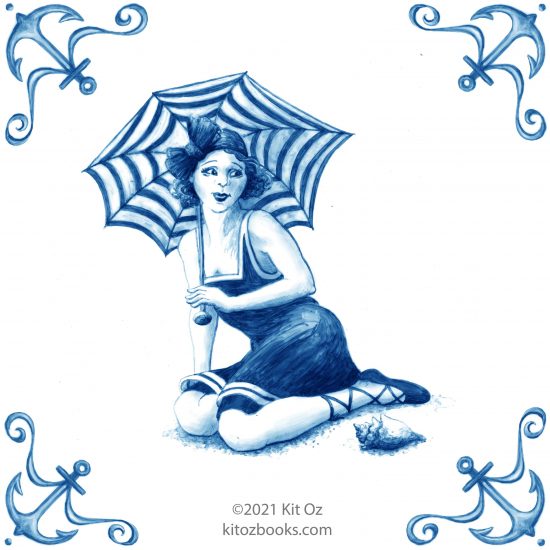 1920s bathing beauty with parasol Delft blue tile