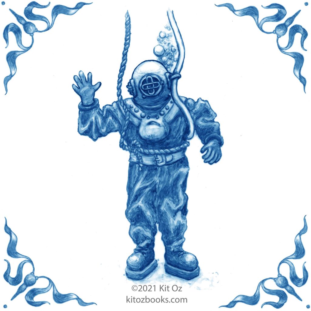 Dutch Delft style blue tile design of deep sea diver