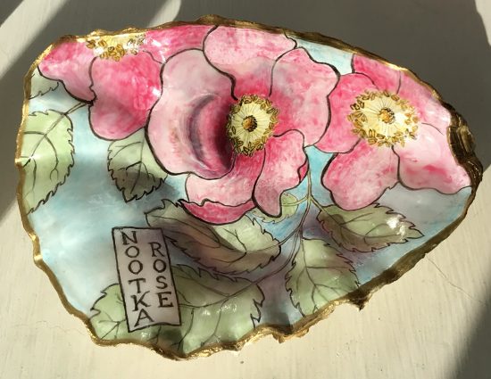 oyster shell Nootka rose painting