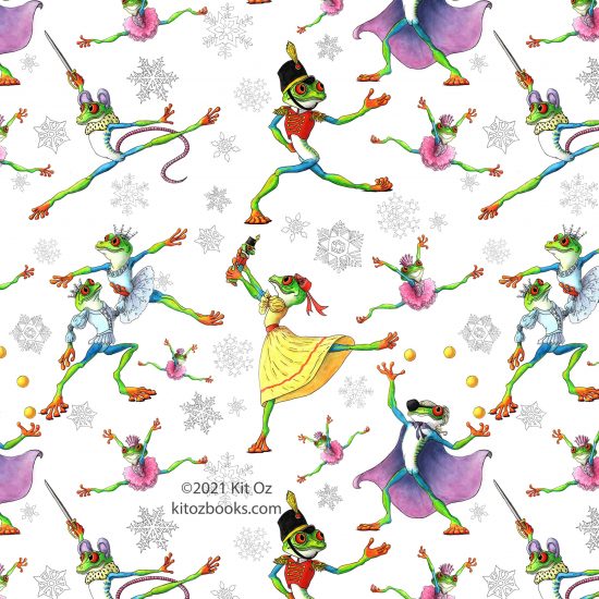 tree frogs dance the nutcracker ballet on wrapping paper