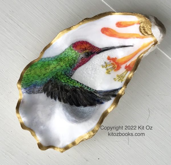 Anna's hummingbird painted on oyster shell, with honeysuckle
