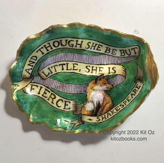 small fox and Shakespeare quotation on an oyster shell