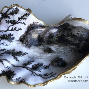 ink wash style coastal scene on an oyster shell