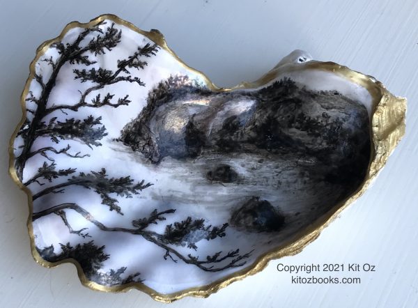ink wash style coastal scene on an oyster shell
