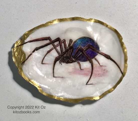 a blue-ish black widow spider painted inside an oyster shell