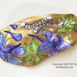 coastal Larkspur painted on an oyster shell with gilt