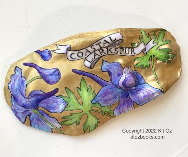 coastal Larkspur painted on an oyster shell with gilt