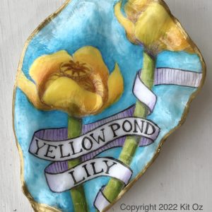 kit oz yellow pond lily painting on an oyster shell