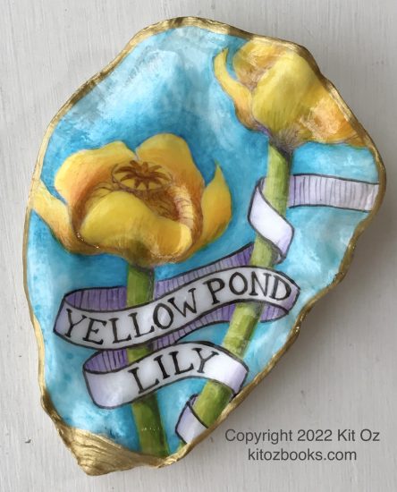 kit oz yellow pond lily painting on an oyster shell