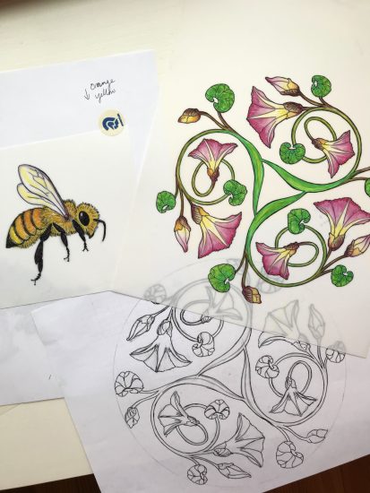 "kit oz" fabric designs of mornings glories and bees in celtic knot