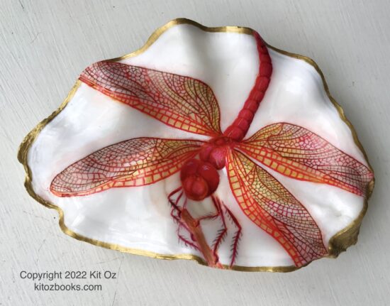 A red dragonfly painted inside an oyster shell.