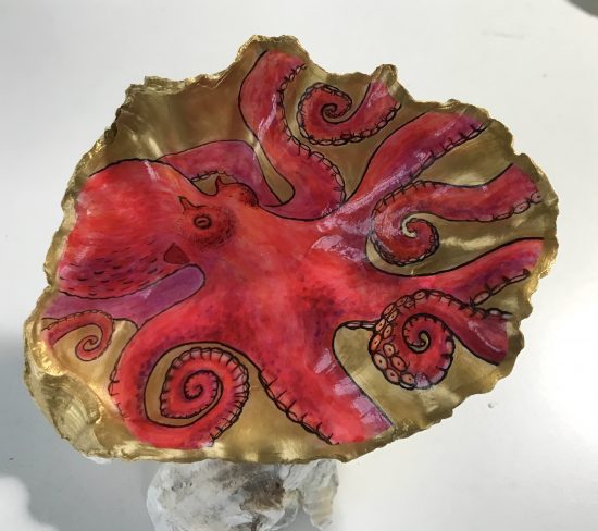 Pacific Giant Octopus, painted on an oyster shell