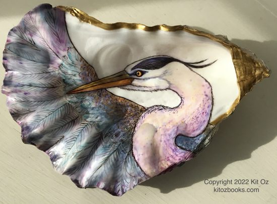 great blue heron painted on oyster shell by "kit oz"