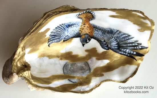 American kestrel painted on an oyster shell by Kit Oz