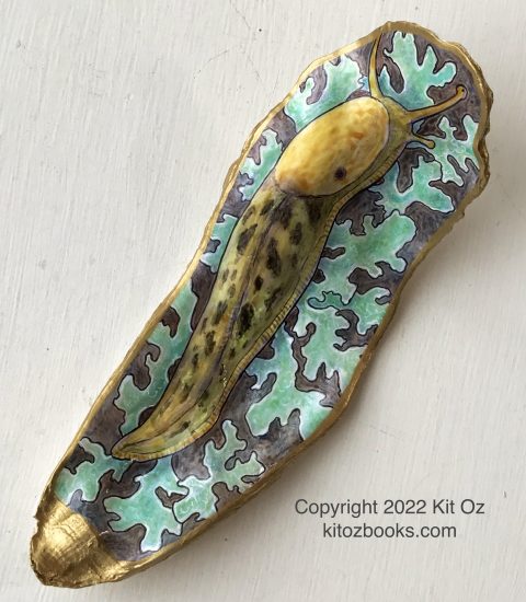 pacific banana slug and shield lichen, painted on an oyster shell by Kit Oz