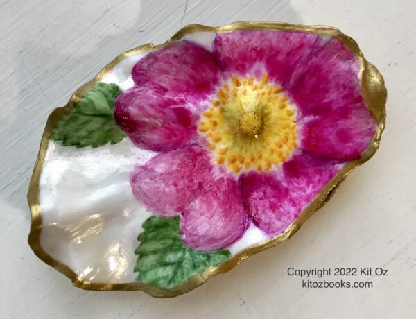 Nootka Rose blossom painted on an oyster shell