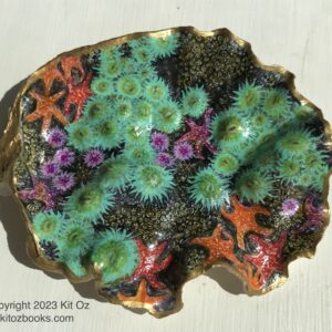 Green sea anemones, orange starfish, and purple sea urchins are painted inside an oyster shell, looking like a tide pool.