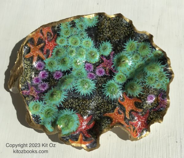 Green sea anemones, orange starfish, and purple sea urchins are painted inside an oyster shell, looking like a tide pool.