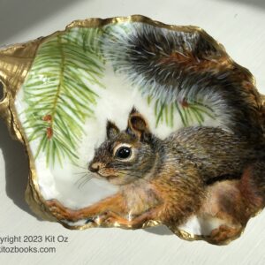 A painting of a brown and orange squirrel crouched with a bushy tail waving, painted in an oyster shell, with fir boughs in the background.