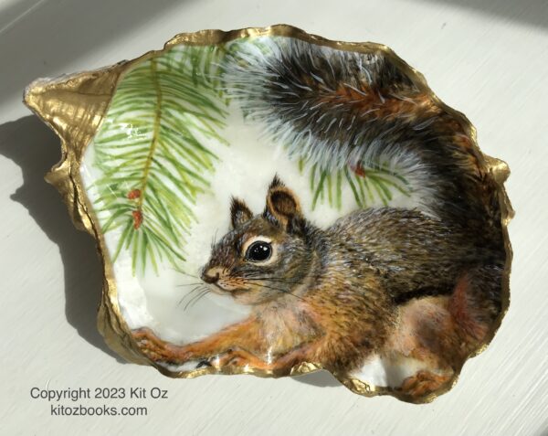 A painting of a brown and orange squirrel crouched with a bushy tail waving, painted in an oyster shell, with fir boughs in the background.