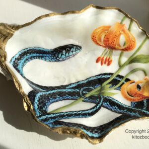 turquoise and black snake and orange wild lily, painted inside oyster shell with gold trim