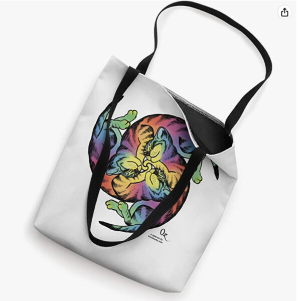 rainbow Celtic knot kittens on white tote showing black interior