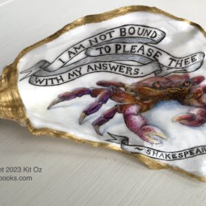 purple crab painted inside an oyster shell, with a banner reading, 