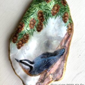A large flat oyster shell. Inside it is painted a blue-grey nuthatch and the green needles and small brown pinecones of a hemlock.