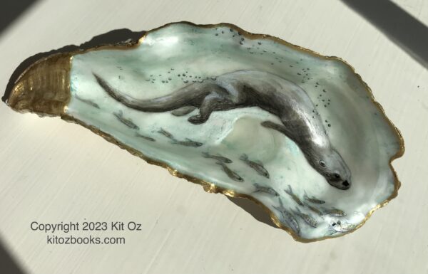 A river otter, painted inside an oyster shell. Blue-green background. Beneath the otter, several silver fish swim.